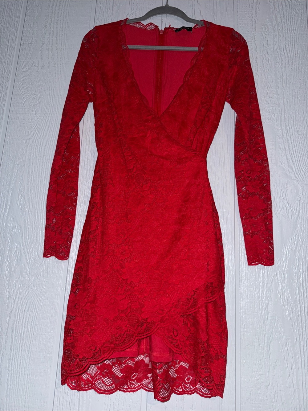 bebe Red Lace Long-Sleeve V-Neck Wrap Dress